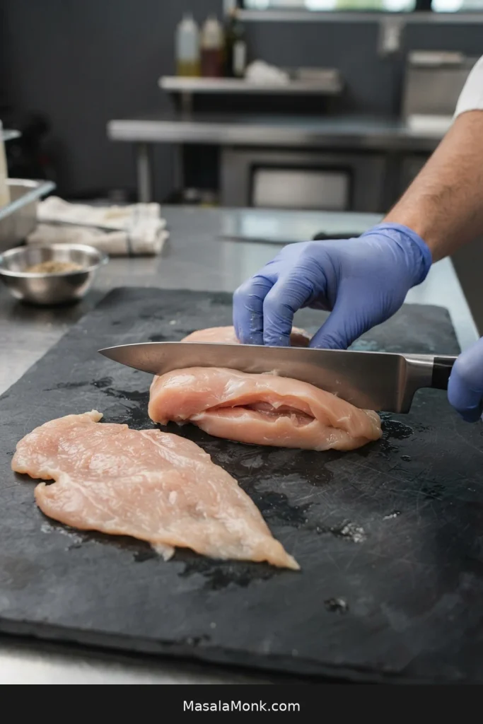 Chef’s knife cutting horizontally through a boneless chicken breast to create a broad, thin cutlet.
