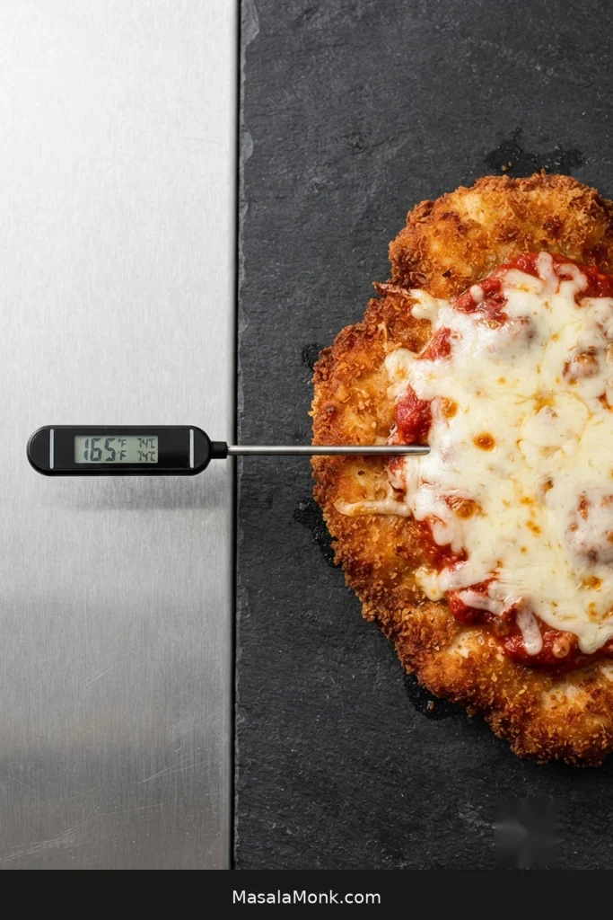 Instant-read thermometer inserted horizontally through the side of a fried chicken cutlet and displaying 165°F / 74°C.