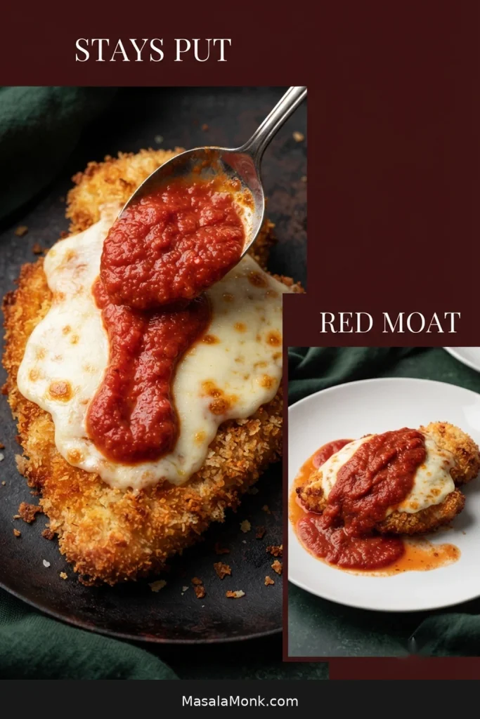 Comparison of thick marinara staying on top of melted cheese and thinner tomato sauce spreading beneath a Chicken Parmesan cutlet.