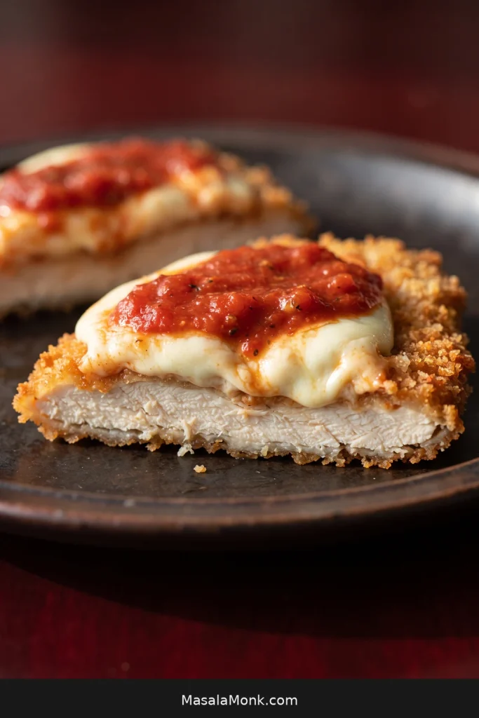 Close cross-section of thin Chicken Parmesan showing golden breadcrumb crust, moist cooked chicken, melted mozzarella, and thick red marinara.