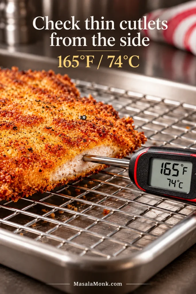 Instant-read thermometer inserted horizontally through the side of a thin fried chicken cutlet on a wire rack, displaying 165°F and 74°C.