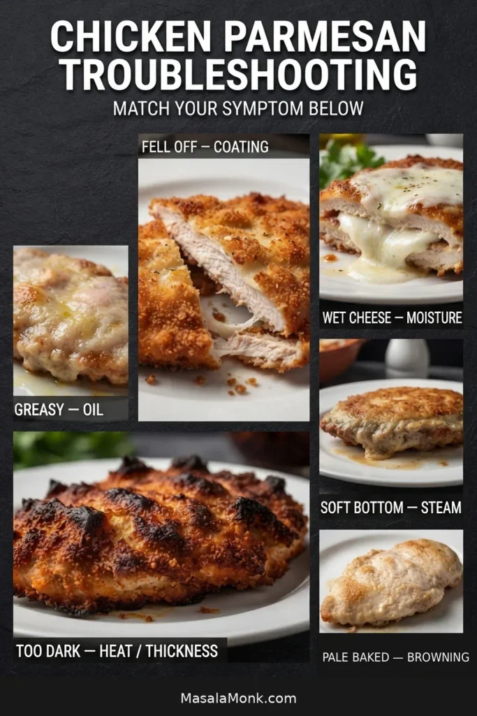 Chicken Parmesan troubleshooting graphic showing breading falling off, greasy crust, dark crust, a soft bottom, wet cheese, and pale baked breading.