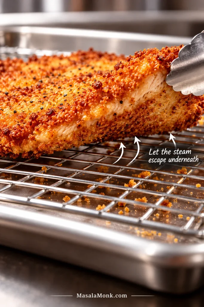 Tongs lifting a crispy breaded chicken cutlet from a wire rack, revealing open space beneath the crust.