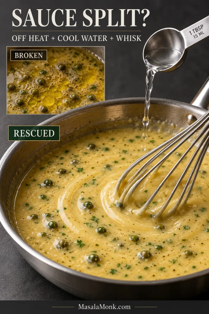 Broken piccata sauce with visible oil droplets beside a smooth rescued sauce being whisked as cool water is added from a measuring spoon.