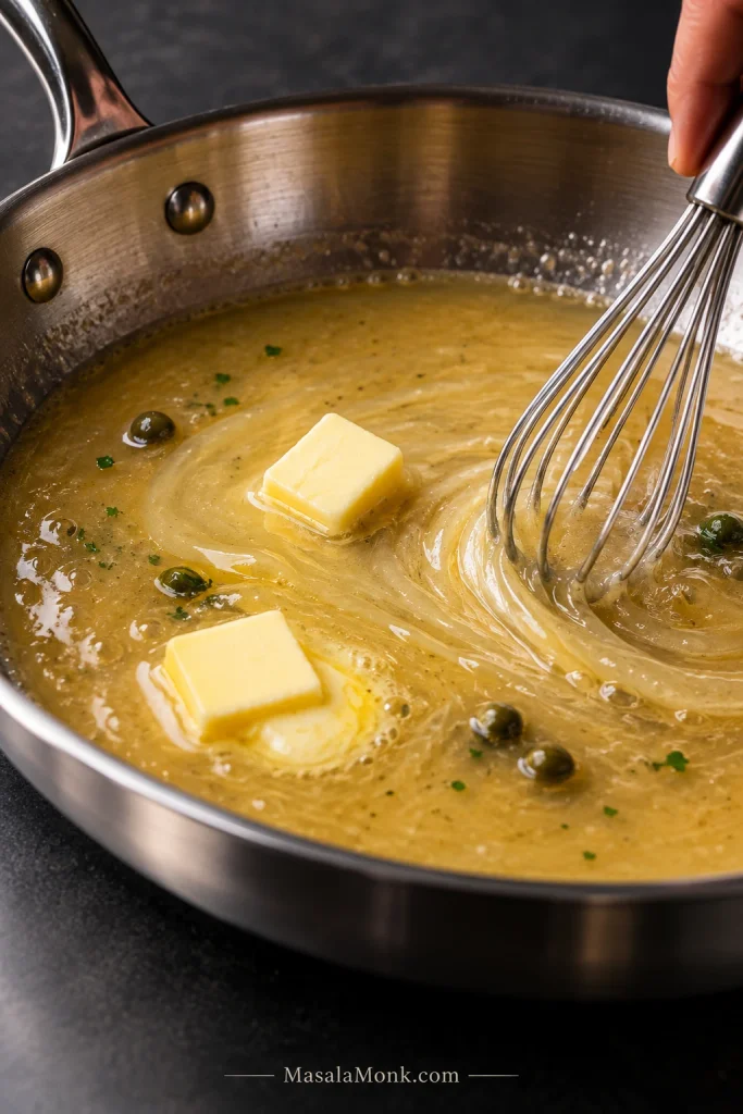 Cold butter cubes melting into pale-gold piccata sauce in a stainless skillet while the sauce is whisked.