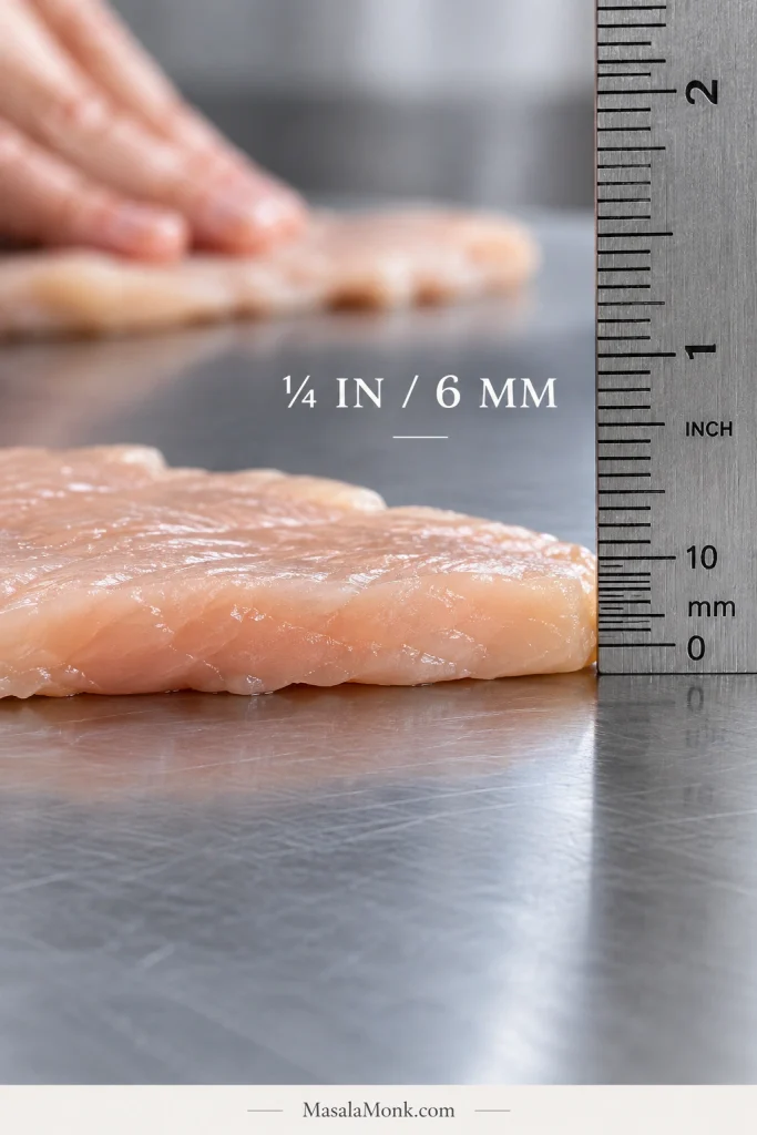 Raw chicken cutlet shown edge-on beside a metal ruler indicating approximately ¼-inch or 6-millimeter thickness.