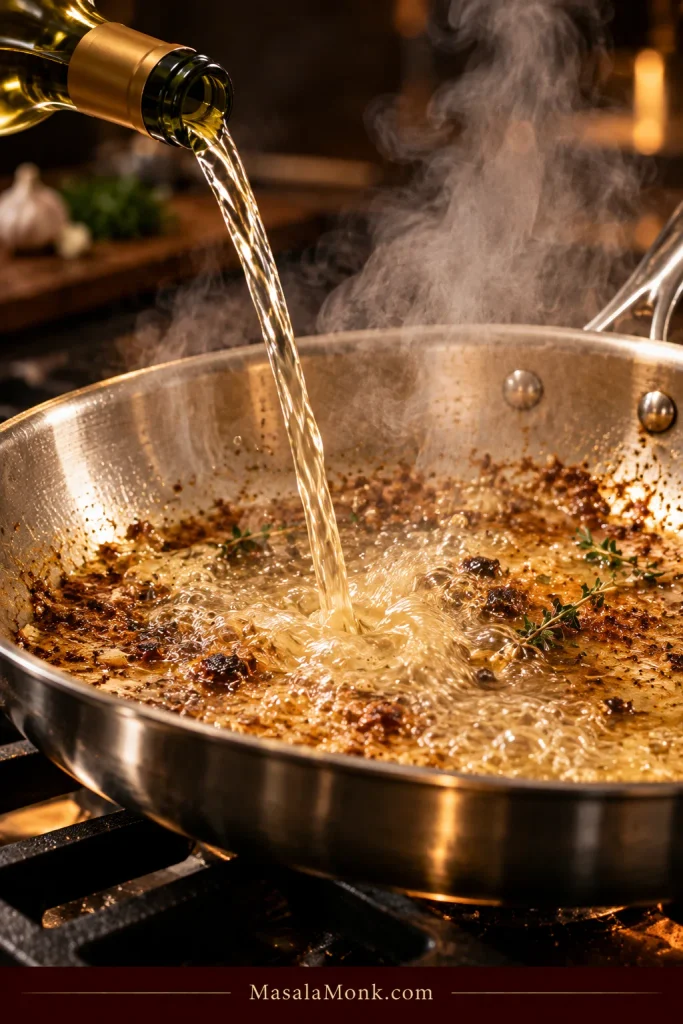 White wine being poured into a hot stainless skillet as steam rises and browned bits loosen from the pan.