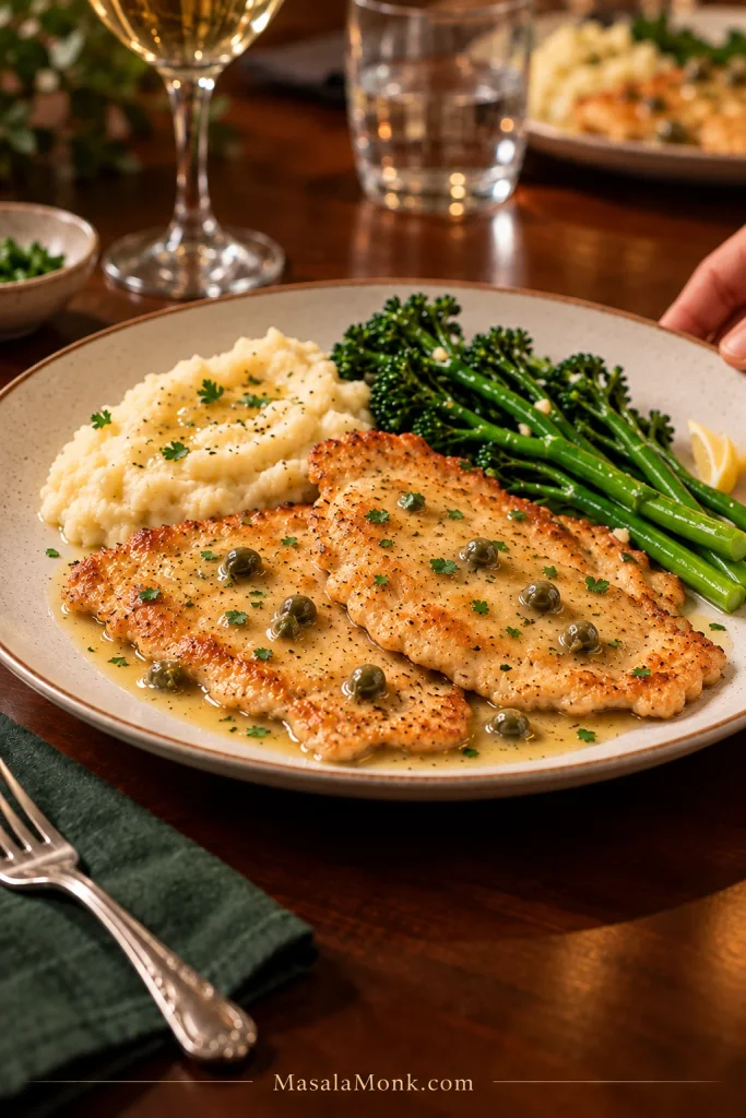 Two thin chicken piccata cutlets with lemon butter caper sauce served beside mashed potatoes and broccolini on a dinner plate.