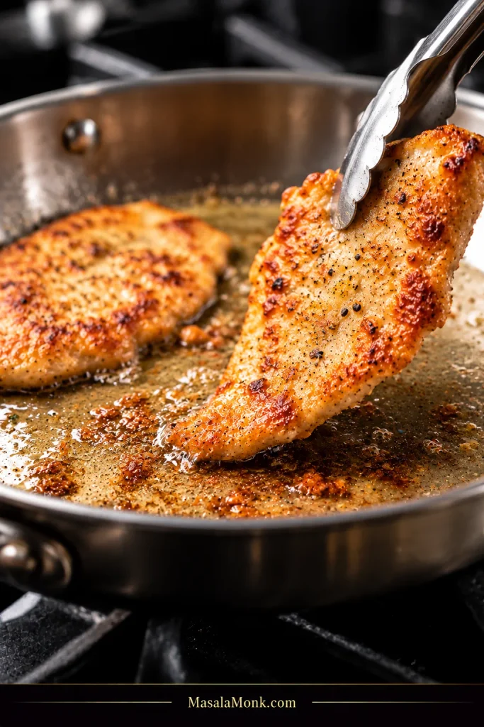 Thin golden chicken cutlet being lifted with metal tongs from a stainless skillet with browned fond and oil below.