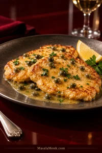 Two thin golden chicken piccata cutlets on a dark plate with glossy lemon butter sauce, green capers, parsley, and a lemon wedge.