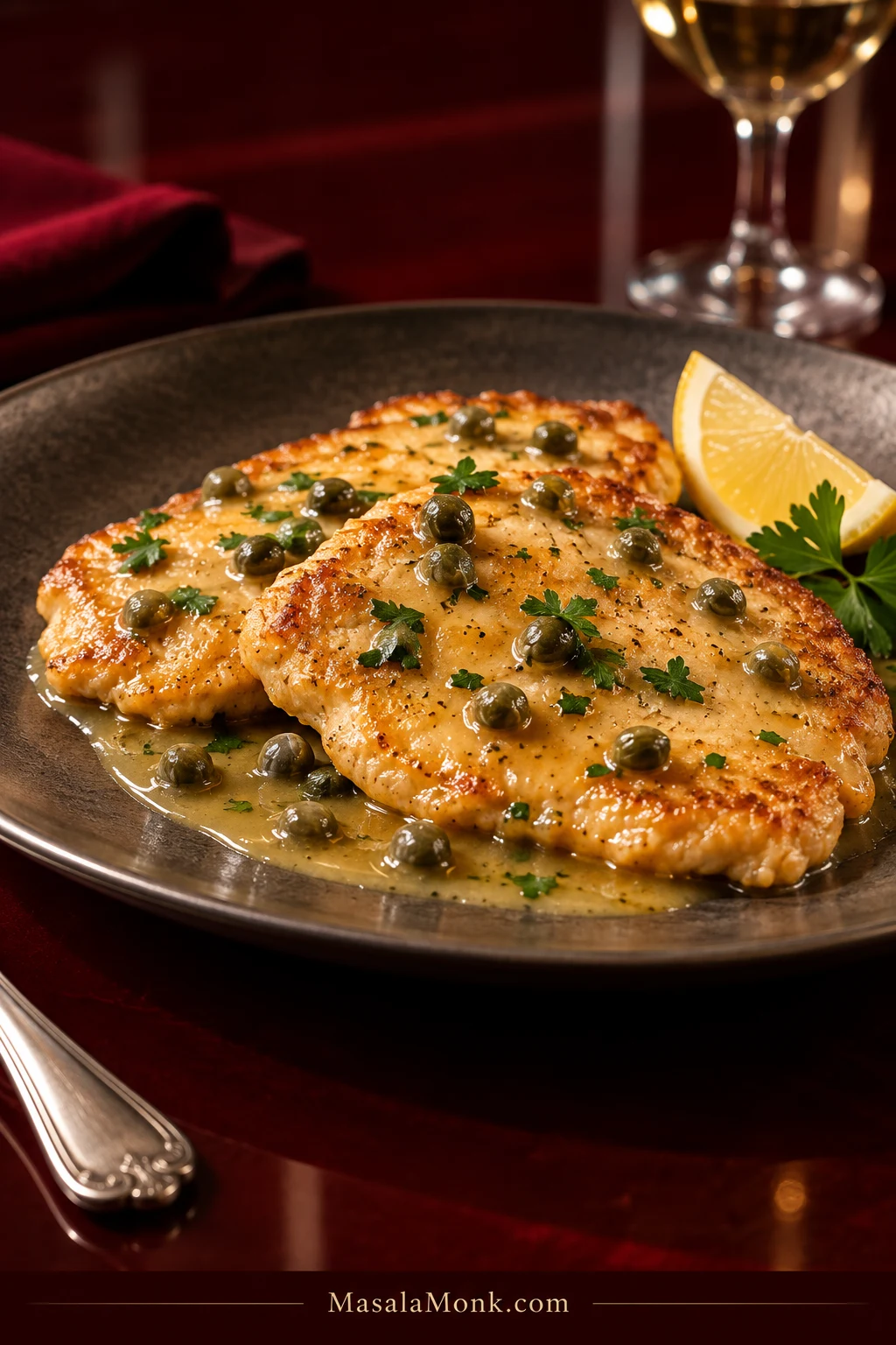 Two thin golden chicken piccata cutlets on a dark plate with glossy lemon butter sauce, green capers, parsley, and a lemon wedge.