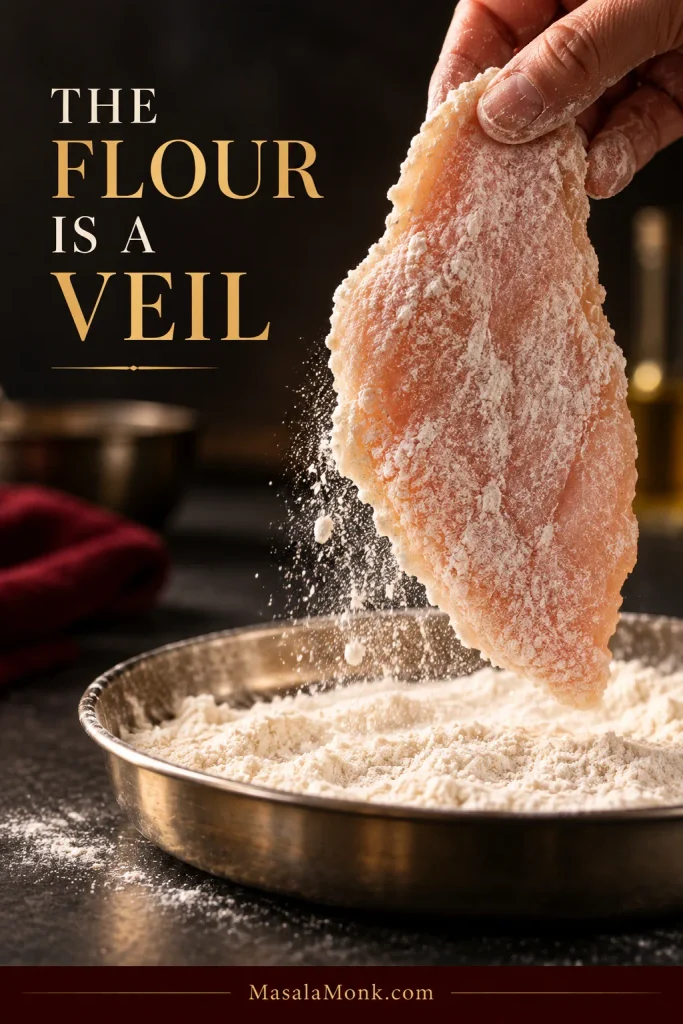 Raw chicken cutlet being lifted from a shallow dish of flour with a thin coating and loose flour falling away.