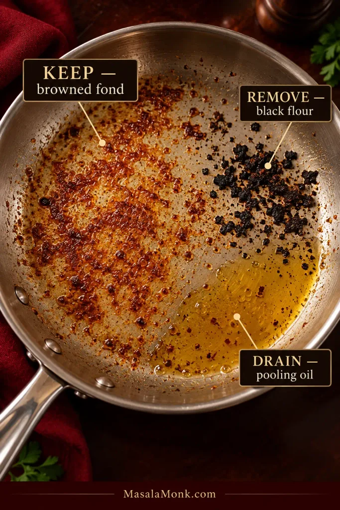 Stainless skillet with labels marking browned fond to keep, black flour crumbs to remove, and pooled oil to drain.