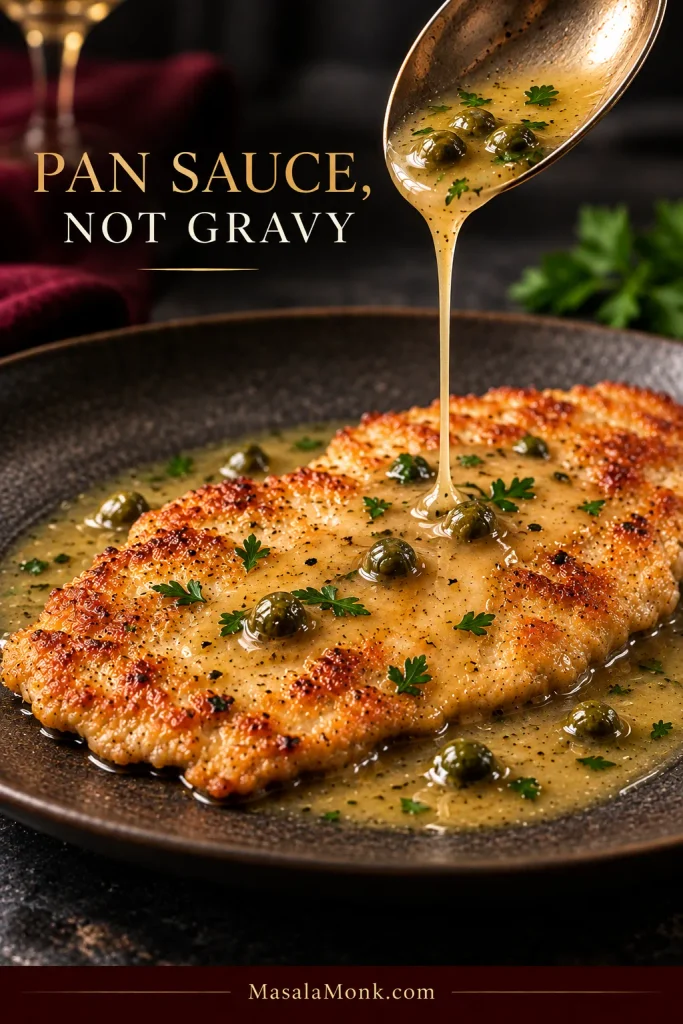 A spoon pouring pale-gold lemon butter caper sauce over a browned chicken cutlet on a dark plate.