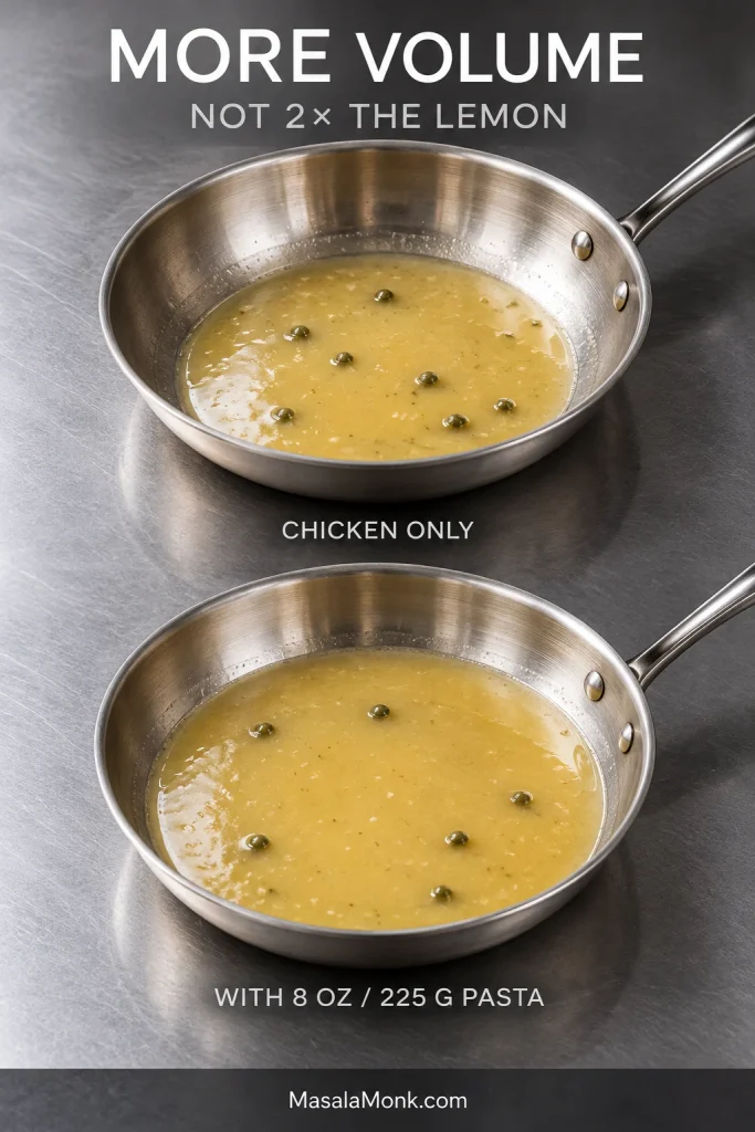 Two matching stainless skillets showing a smaller amount of piccata sauce for chicken alone and a larger amount for chicken with pasta.