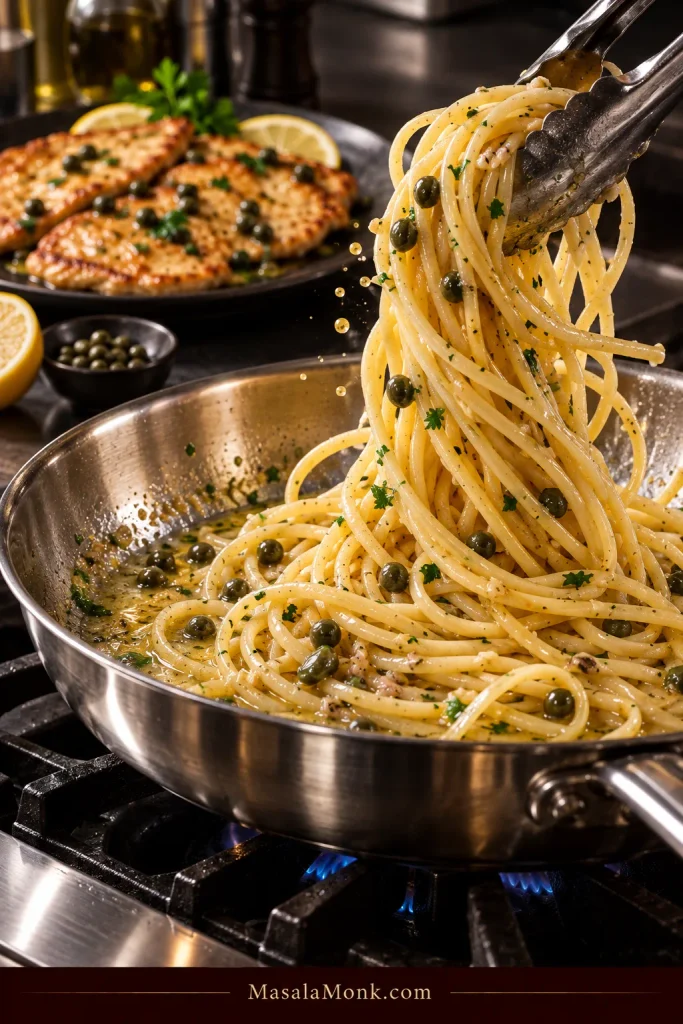 Long pasta being lifted with metal tongs from a stainless skillet of lemon caper sauce while cooked chicken rests on a separate plate behind it.