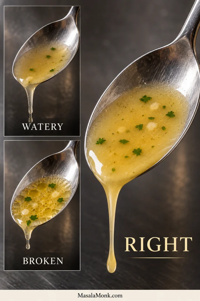 Three spoonfuls of piccata sauce labeled watery, right, and broken, showing thin sauce, smooth glossy sauce, and separated oily droplets.