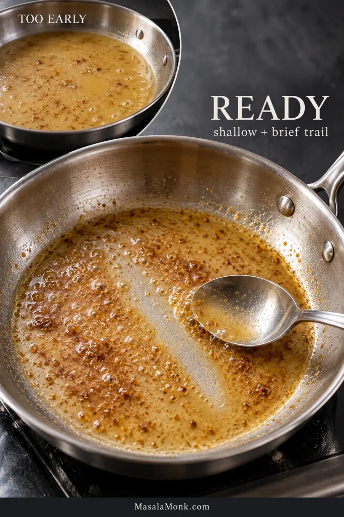 Two stainless skillets showing an early flooded sauce reduction and a shallower reduced sauce with a visible spoon trail.