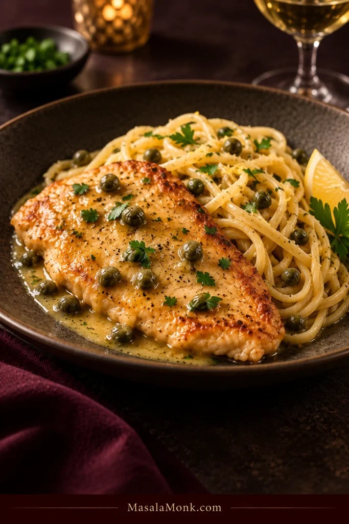 Golden chicken piccata served with long pasta coated in pale lemon butter sauce, capers, and parsley.