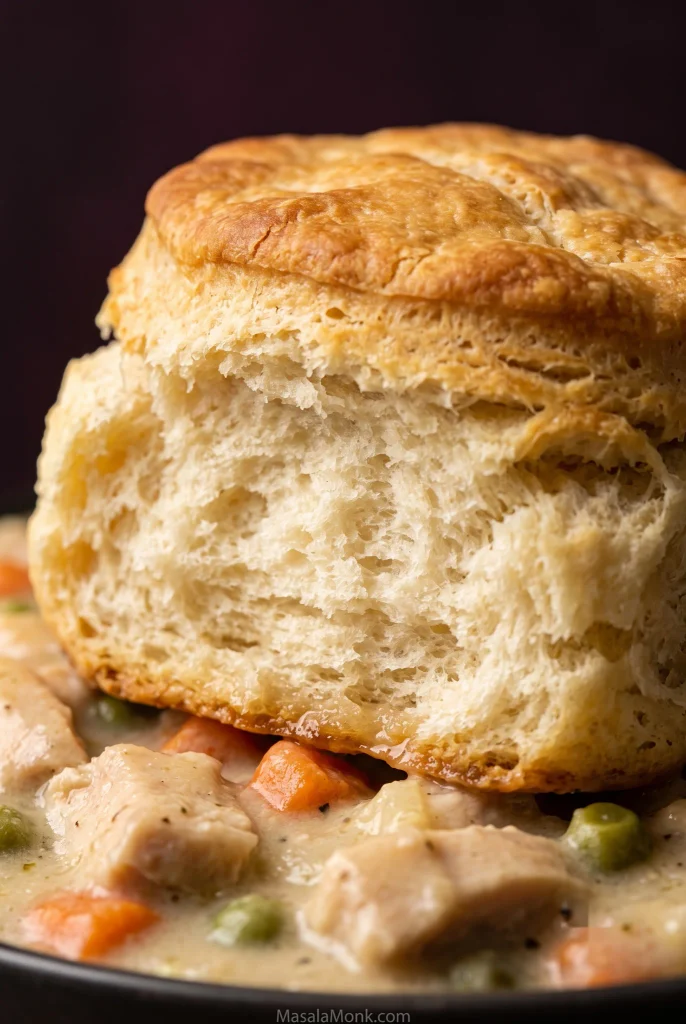 Close-up cross-section of a golden biscuit showing airy flaky layers above and a moist lower layer touching creamy chicken gravy.