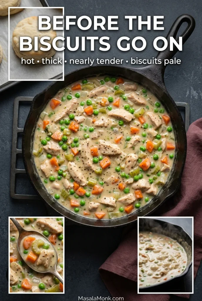 Skillet of creamy chicken, peas and carrots with detail views of the filling consistency and a pale partially baked biscuit before assembly.
