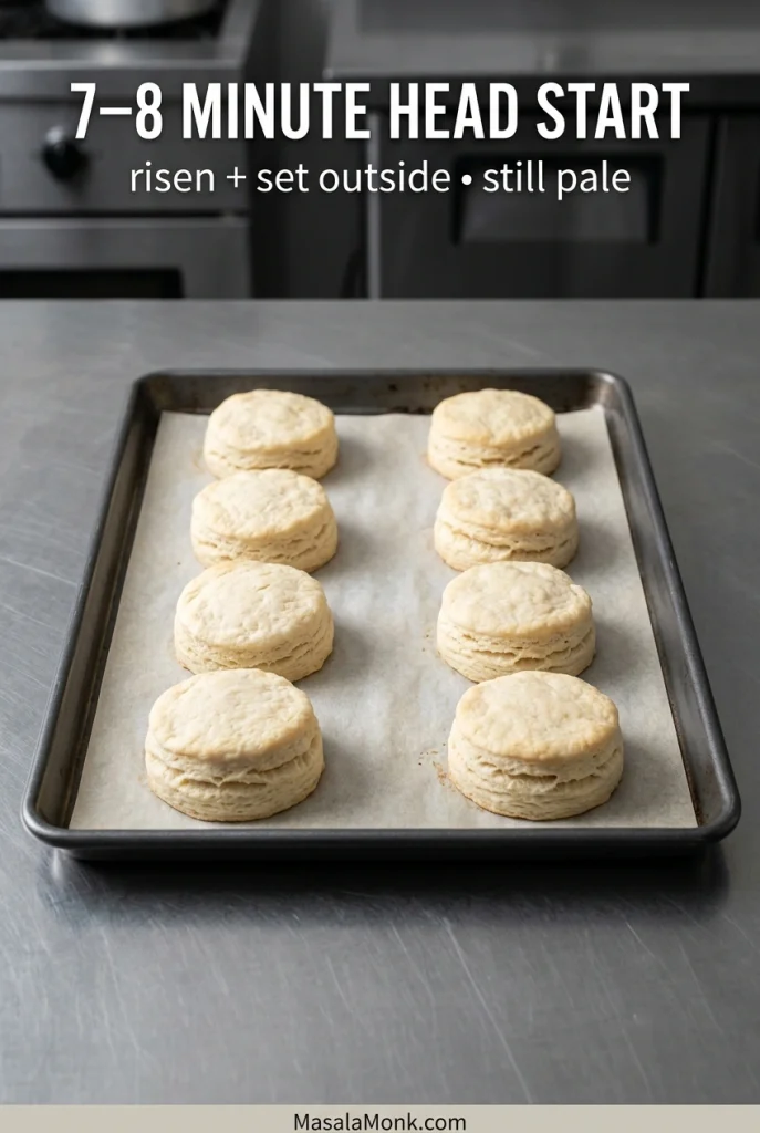 Eight pale, partially baked biscuits arranged in two rows on a parchment-lined metal baking sheet.