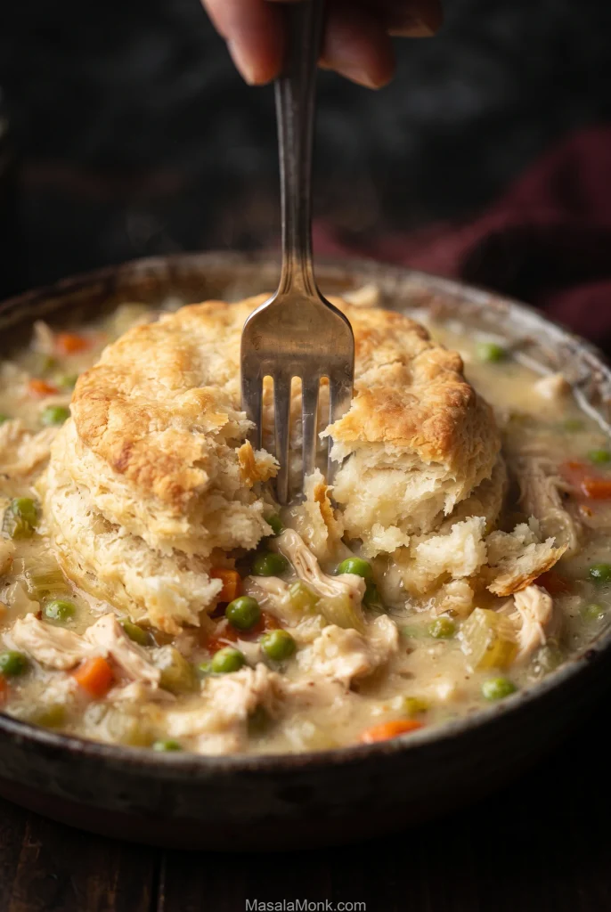 Fork breaking open a golden biscuit over creamy chicken pot pie filling, exposing soft layered crumb above chicken, peas and carrots.