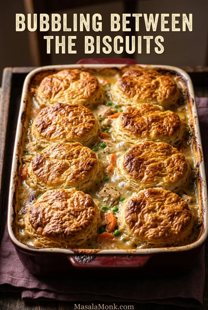 Baked chicken pot pie casserole with golden biscuits and creamy filling visibly bubbling in the spaces between them.