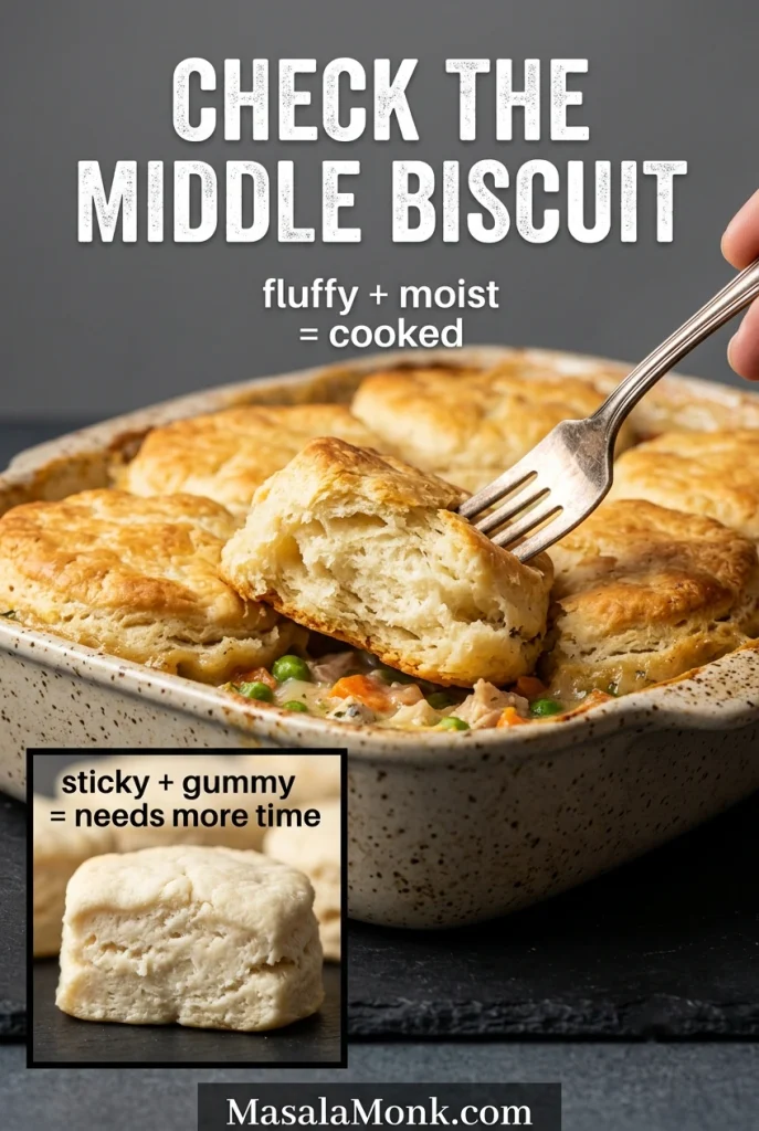 Fork opening a center biscuit in the casserole to reveal fluffy cooked layers, with an inset showing dense sticky underbaked dough.