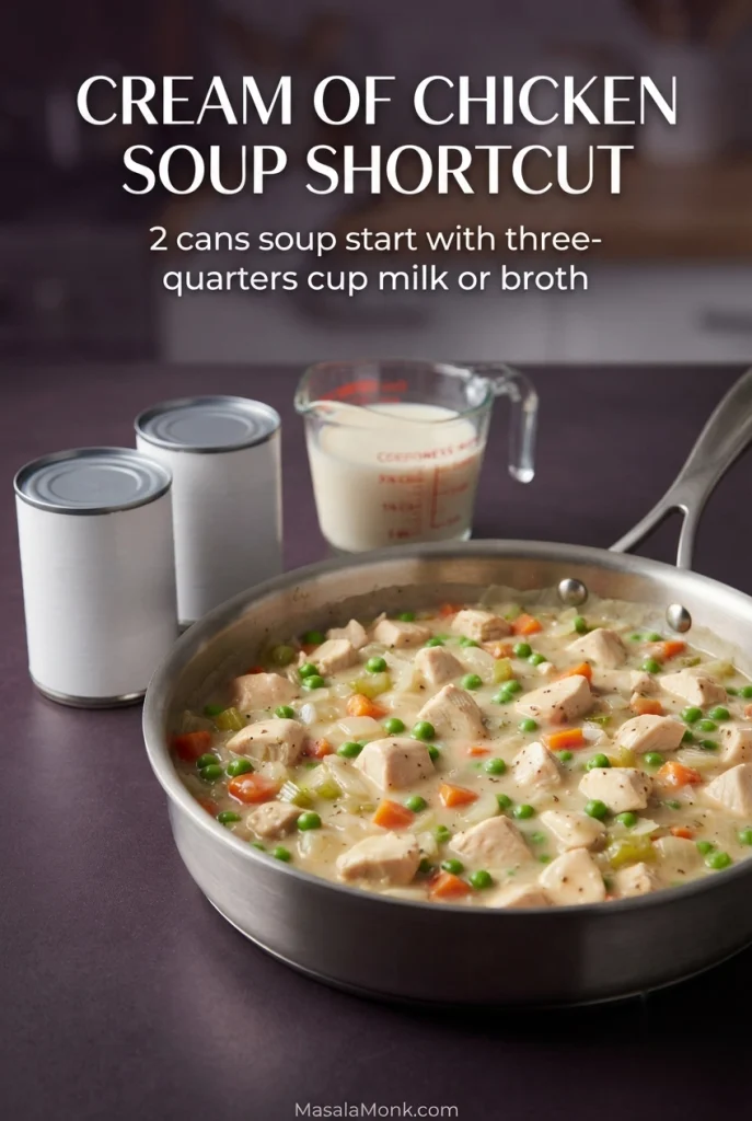 Creamy chicken and vegetable filling in a skillet beside two cans of condensed soup and a measuring cup of liquid.