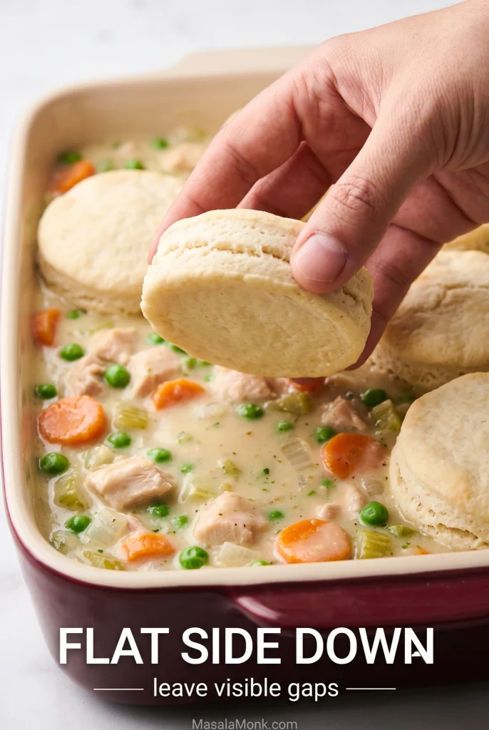 Hand placing a partially baked biscuit flat-side down onto creamy chicken filling while other biscuits remain spaced apart across the casserole.
