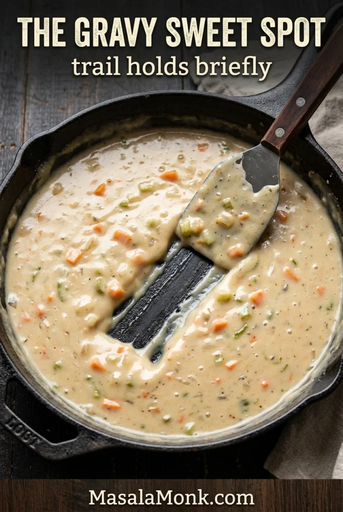Creamy chicken pot pie gravy with vegetables in a dark skillet, with a spatula leaving a visible channel through the thickened sauce.