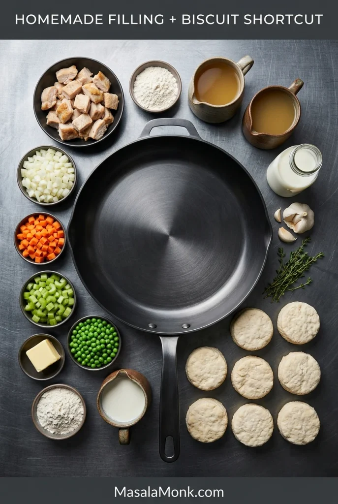 Overhead arrangement of cooked chicken, onion, carrots, celery, peas, butter, flour, broth, milk, herbs and refrigerated biscuits around a skillet.