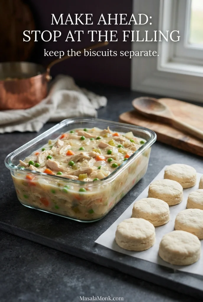 Prepared creamy chicken pot pie filling in a glass baking dish beside a tray of separate biscuits for later assembly.