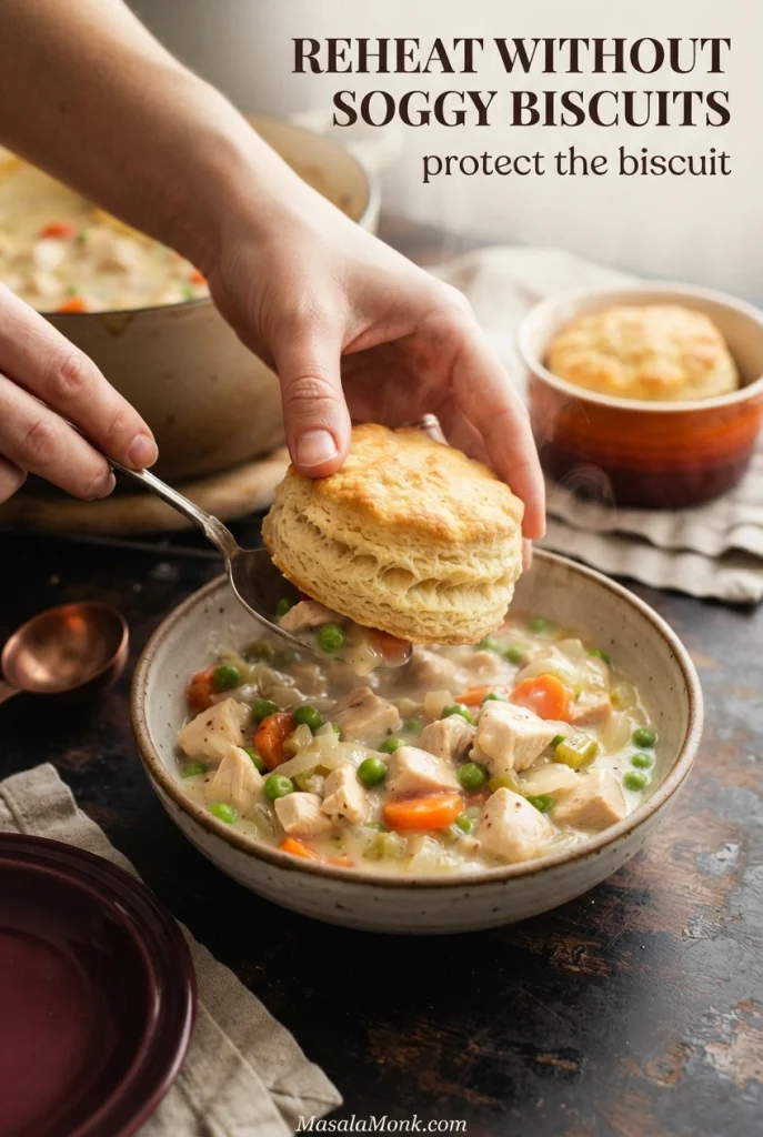 Hand placing a reheated golden biscuit over a bowl of hot creamy chicken, pea and carrot filling.