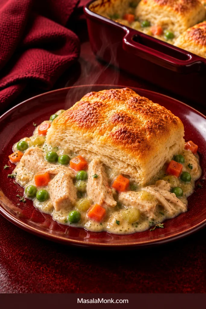 Golden biscuit served over creamy chicken pot pie filling with pieces of chicken, peas and carrots on a red plate.