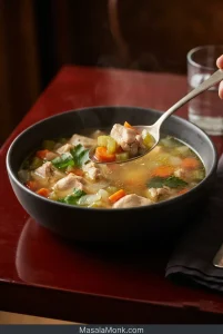Bowl of homemade chicken soup with chicken pieces, carrots, celery and parsley in golden broth, with a spoon lifting a bite.