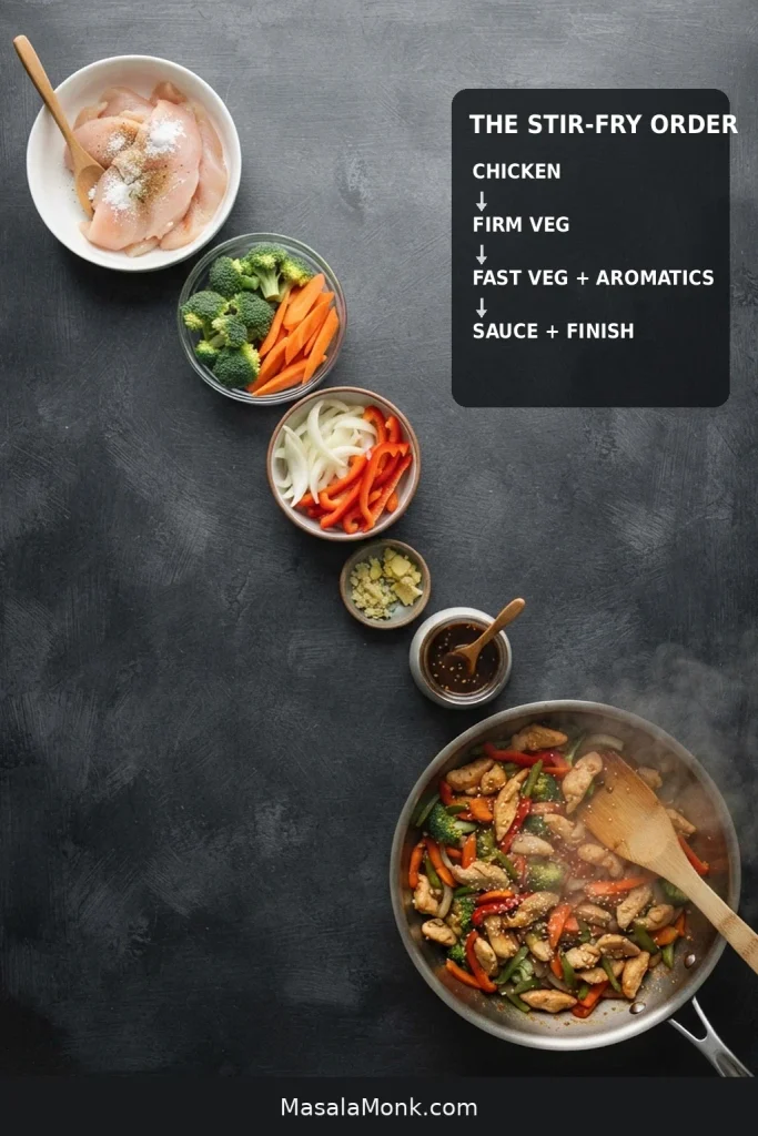 Stir-fry order graphic showing chicken, firm vegetables, faster vegetables with aromatics, then sauce and finish.