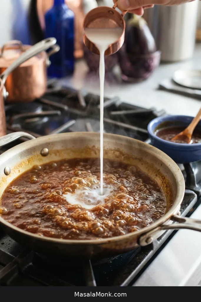 Pale cornstarch slurry pouring into bubbling brown stir-fry sauce, with the prepared sauce kept separately nearby.