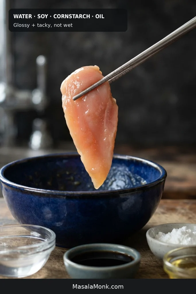 Thin raw chicken slice with a glossy cornstarch coating beside water, soy sauce, cornstarch and oil.