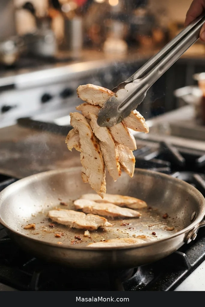 Thin chicken breast slices being lifted from a stainless skillet while mostly opaque with light golden edge browning.