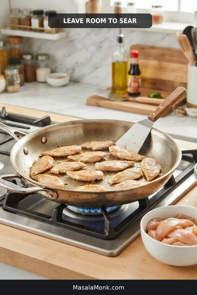 Thin chicken slices spaced across a stainless skillet with bare metal visible and more uncooked chicken waiting in a bowl.