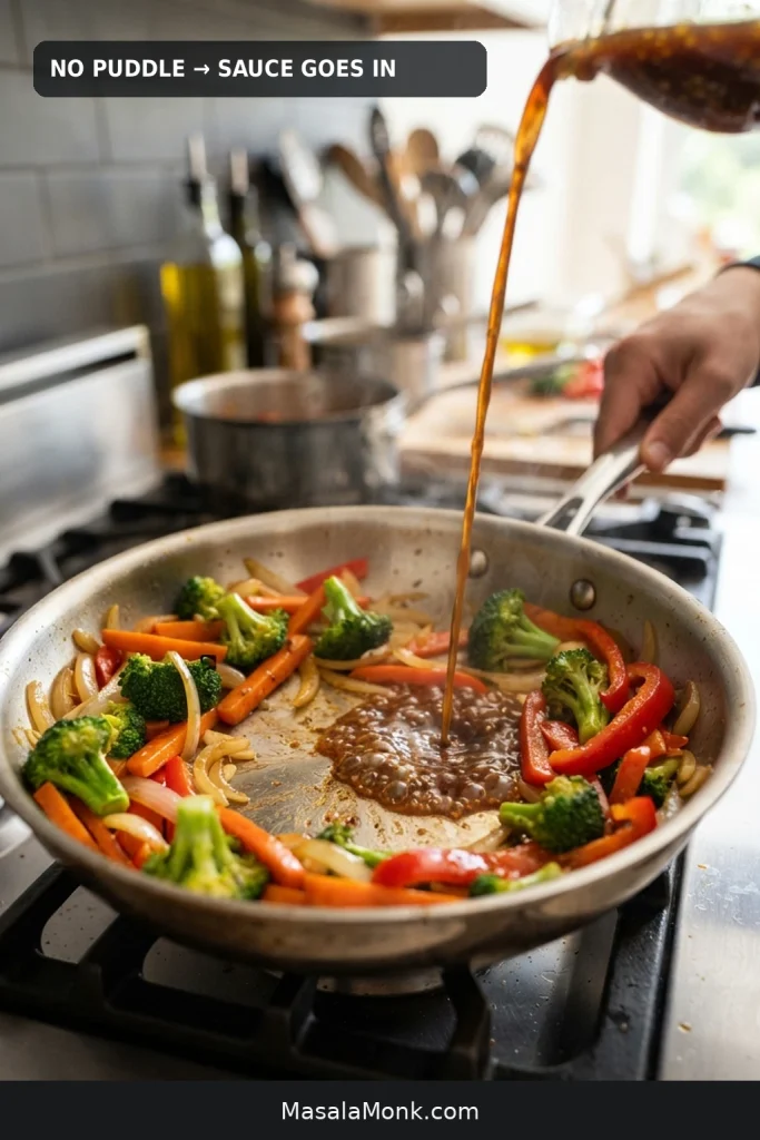 Broccoli, carrot, onion and red pepper in a dry stainless skillet as brown stir-fry sauce is poured into the exposed center.