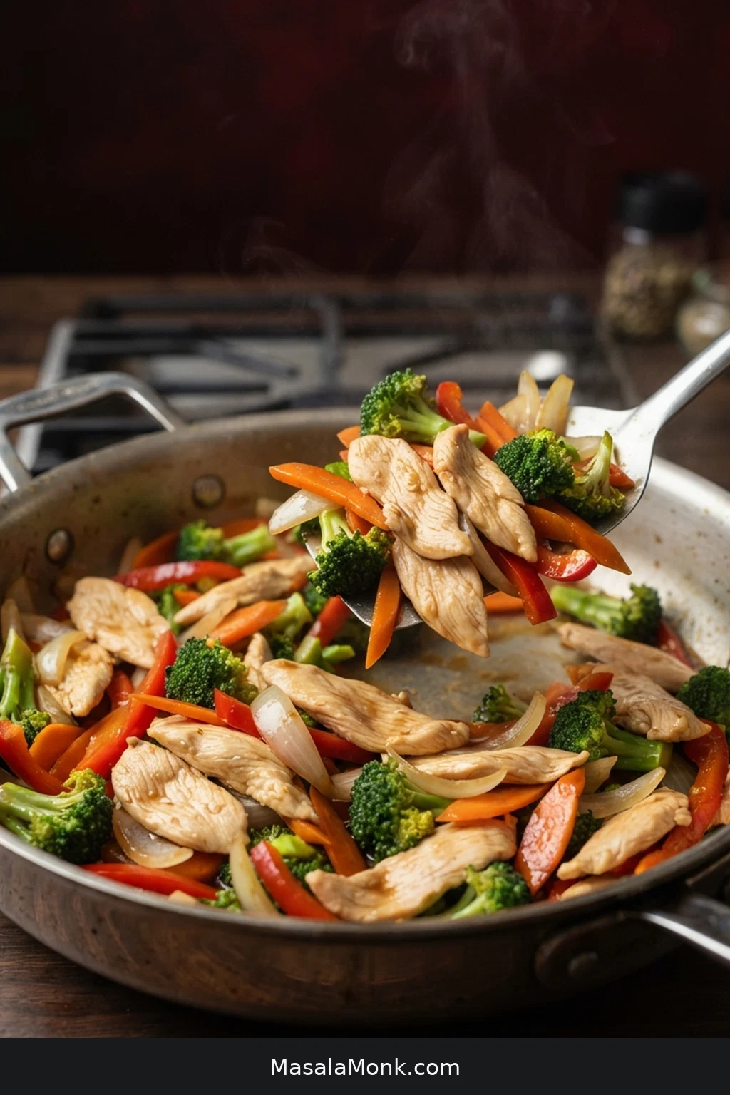 Finished chicken stir fry in a stainless skillet with thin browned chicken, broccoli, carrots, red pepper and onion in light glossy sauce.
