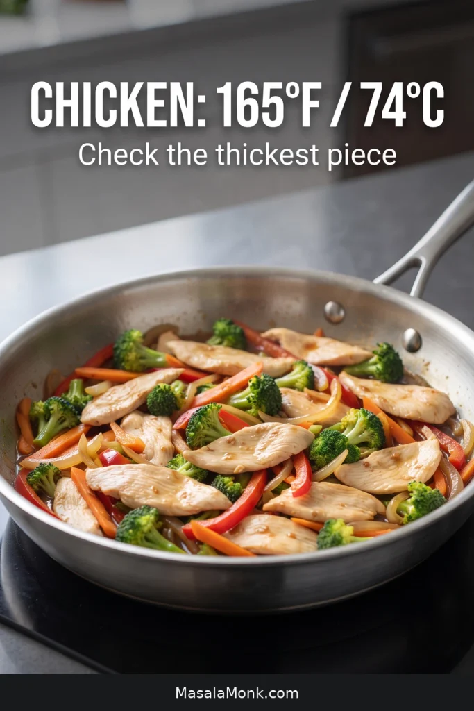 Finished chicken stir fry with an on-image reminder to check the thickest chicken piece for 165°F / 74°C.
