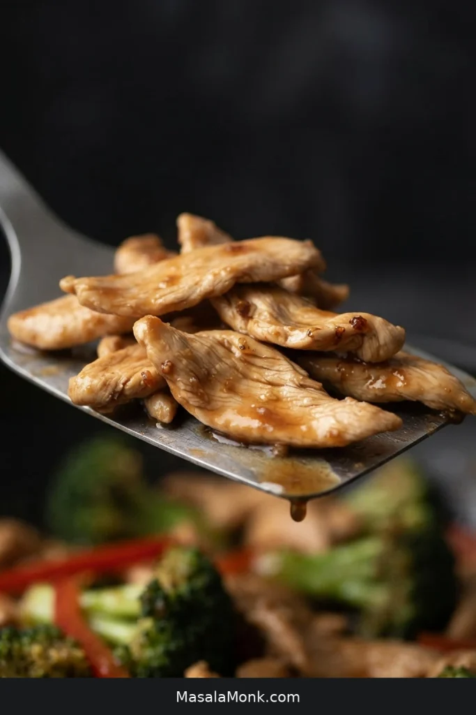 Thin sliced chicken on a stainless spatula with a translucent brown sauce film that still shows the chicken fibers.