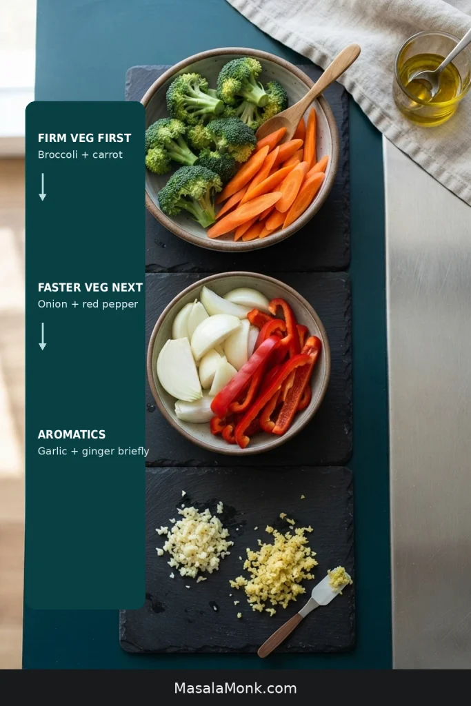Vegetable-order graphic grouping broccoli and carrot first, onion and red pepper next, and garlic and ginger last.