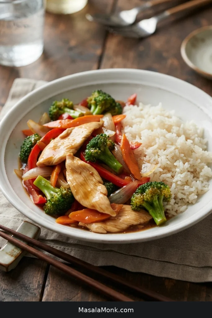 Chicken stir fry with broccoli, carrot, red pepper and onion beside white rice with a light amount of sauce touching the grains.