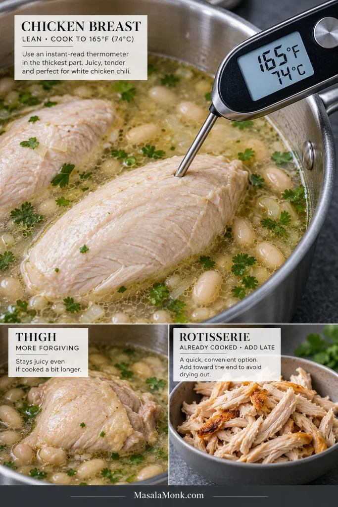 Instant-read thermometer inserted into gently simmered chicken breast at 165°F and 74°C, with cooked chicken thigh and shredded rotisserie chicken shown as alternatives.
