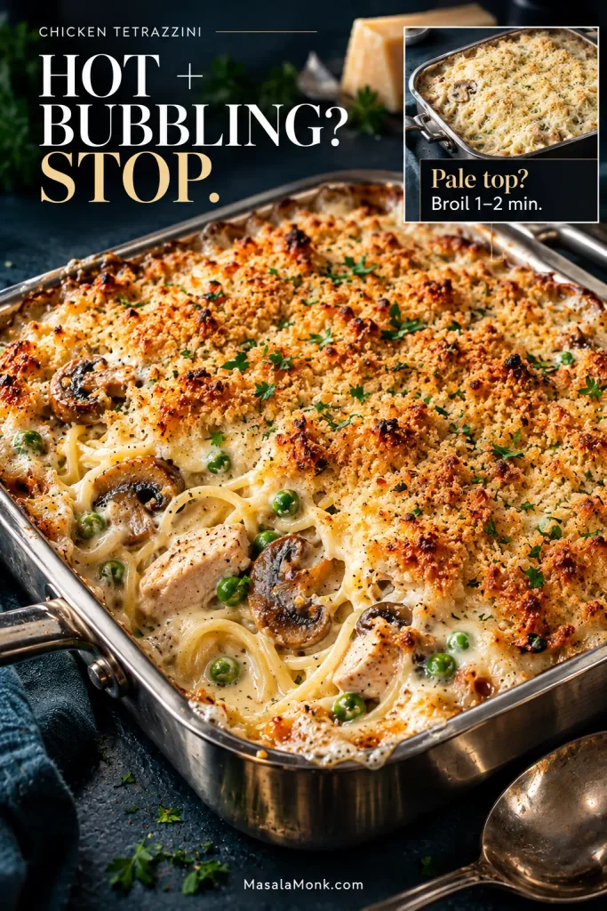 Golden chicken tetrazzini bubbling in a metal baking dish with chicken, mushrooms, peas and breadcrumbs, plus a small inset showing a paler topping. Text says “Hot + bubbling? Stop. Pale top? Broil 1–2 min.”
